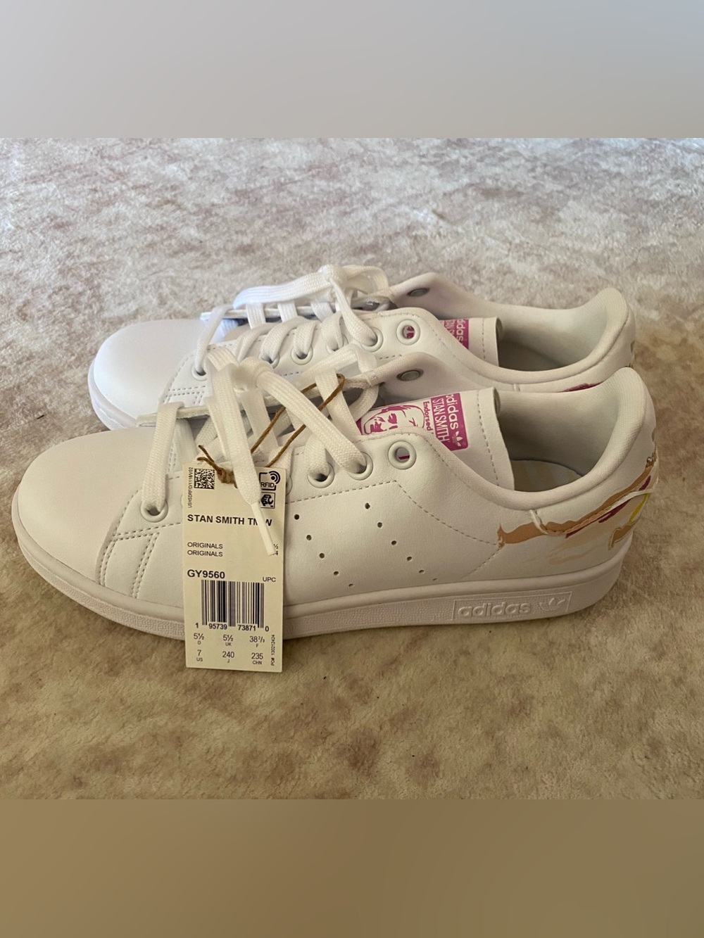 adidas Stan Smith White Sneakers with Pink and Gold Accents